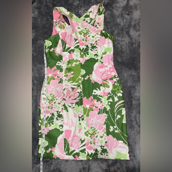 TALBOTS Cross Front Sleeveless Floral Linen Dress in Green & Pink Size 8 - Picture 6 of 6